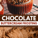 Pinterest image of a chocolate cupcake piped with chocolate buttercream frosting on top, and a close-up shot of whipped chocolate frosting.