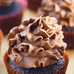 Pinterest image of a chocolate cupcake piped with chocolate buttercream frosting on top.