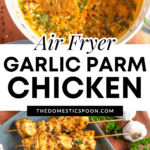 Pinterest image of a prepared herbed Parmesan garlic butter in a small pot with a pastry brush in it, and a platter of Garlic Parmesan Chicken Skewers on a cutting board with garlic and parsley beside.