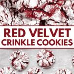Pinterest image of a close-up shot of baked red velvet crinkle cookies, and the cookies on a parchment paper-coated baking sheet.