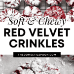 Pinterest image of the red velvet crinkle cookies on a cooling rack, and a close-up of a cookie on a parchment paper-coated baking sheet.