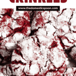Pinterest image of a close-up of a pile of baked red velvet crinkle cookies.