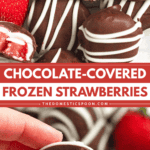 Pinterest image of a close-up shot of two frozen chocolate-covered strawberries missing a bite lying on top of a stack of decorated strawberries, and a hand holding up a frozen chocolate-covered strawberry with a bite missing, showing the inside of the treat.
