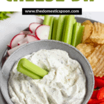 Pinterest image showing a top-view of a celery stick resting in a bowl of cottage cheese dip, dippers around the bowl, all served on a plate.