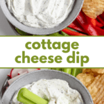 Pinterest image showing a top view of the 5-minute cottage dip with dippers on the sides, and a celery stick resting in a bowl of cottage cheese dip, dippers around the bowl, all served on a plate.