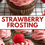 Pinterest image of chocolate brownies with strawberry cream cheese frosting on top.