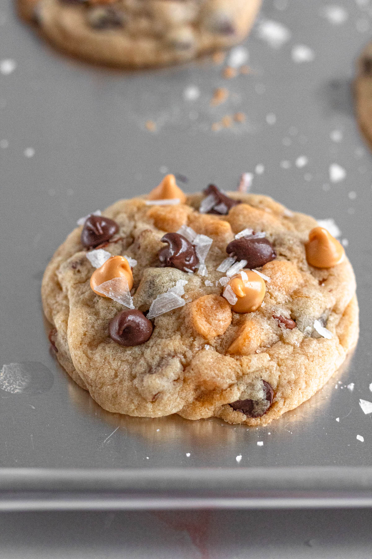 Cooked butterscotch chocolate chip cookie on a baking sheet.