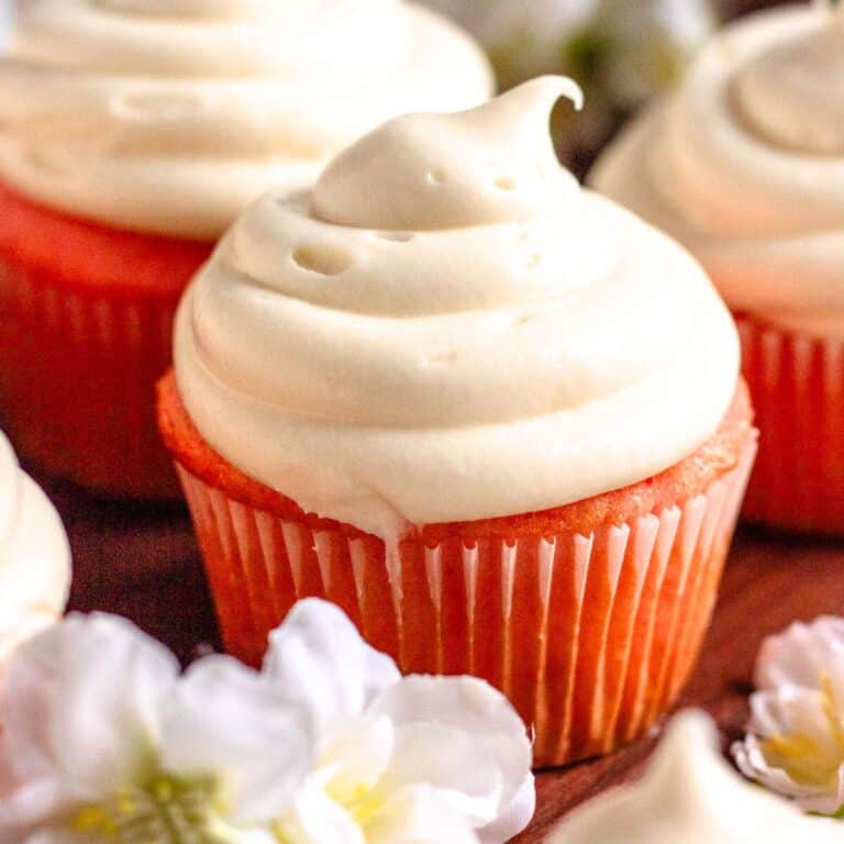 Close up of strawberry cupcake with Cool Whip Cream Cheese Frosting