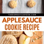 Pinterest image of applesauce cookie dough balls on parchment paper-coated baking sheet, and baked applesauce cookies drizzled with a glaze on a wooden cutting board with apple quarters lying next to them.