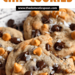 Pinterest image of a close-up shot of chocolate chip butterscotch cookies with a bite gone.