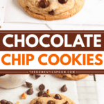 Pinterest image of a chocolate chip cookie on top of a baking sheet with chocolate chips and two more cookies in the background, and a chocolate chip cookie with a bite taken out on a cooling rack, surrounded by chocolate chips and 2 more cookies.