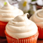 Pinterest image of a strawberry cupcake topped with Cool Whip Cream Cheese Frosting.