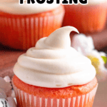 Pinterest image of a strawberry cupcake topped with Cool Whip Cream Cheese Frosting.