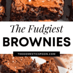 Pinterest image of a close-up shot of a cut of brownies, and of brownies sprinkled with salt, cut into squares, stacked on top of each other, served on a plate.