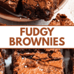 Pinterest image of brownies sprinkled with salt, cut into squares, stacked on top of each other, served on a plate, and a close-up shot of a cut of brownies.