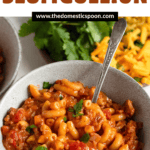 Pinterest image of an overhead shot of a bowl of the Slumgullion with a spoon.