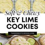 Pinterest image of Key Lime glaze drizzled over key lime cookies resting on a cooling rack, and the Key Lime Cookies on a plate with key lime halves on the plate next to it, with more cookies and lime halves next to the plate.
