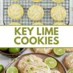 Pinterest image of Key Lime glaze drizzled over key lime cookies resting on a cooling rack, and the Key Lime Cookies on a plate with key lime halves on the plate next to it, with more cookies and lime halves next to the plate.