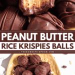 Pinterest image of a close-up shot of a stack of Peanut Butter Rice Krispies Balls with a bite taken out on one and an overhead shot of a plate of Peanut Butter Rice Krispies Balls.