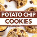 Pinterest image of a close-up shot of potato chip cookie with a bite taken out of it with more cookies, chocolate chips, and potato chips on the side, and an overhead shot of a stack of potato chip cookies.