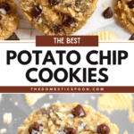 Pinterest image of a close-up shot of a stack of potato chip cookies with one cookie leaning against the rest, a bite taken out of it, and a close-up shot of a potato chip cookie with crushed potato chips on the side.