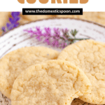 Pinterest image of a close-up of three cookies lying on a plate with a bite taken out of one.