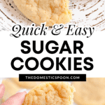 Pinterest image of a close-up of three cookies lying on a plate with a bite taken out of one, and a hand holding up a sugar cookie showing a bite missing in front of a plate full of more sugar cookies.