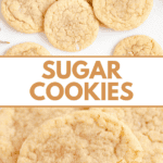 Pinterest image of freshly baked sugar cookies lying together next to a plate of sugar cookies, and a close-up of three cookies lying on a plate with a bite taken out of one.