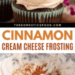 Pinterest image of a chocolate cupcake piped with Cinnamon Cream Cheese Frosting on top, and a bowl of cream cheese frosting with cinnamon powder added.