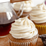 Pinterest image of a cupcakes with maple cream cheese frosting piped on top.