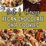 Pinterest image of a top-view shot of chocolate chip pecan cookie dough in a mixer bowl and a scooped out dough in a baking tray, and a top-view shot of a pile of baked cookies.