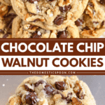 Pinterest image of a close-up of chocolate chip and walnut cookies stacked together sprinkled with sea salt, and a close-up of a chocolate chip and walnut cookie with sea salt sprinkled on top.
