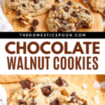 Pinterest image of chocolate chip and walnut cookies lying on a cutting board with sea salt in a small dish alongside one missing a bite, and a close-up shot of a cookie lying on a cutting board with sea salt missing a bite.