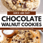 Pinterest image of a close-up of a chocolate chip and walnut cookie with sea salt sprinkled on top, and chocolate chip and walnut cookies lying on a cutting board with sea salt in a small dish alongside one missing a bite.