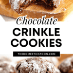 Pinterest image of a bite taken out of one of several crack cookies lying on a cutting board, and a stack of 3 crack cookies coated in powdered sugar to reveal the cracks that bake into them.