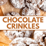 Pinterest image of top-view of crack cookies lying on parchment paper with powdered sugar coating them to show the chocolate cracks, and a bite taken out of one of several crack cookies lying on a cutting board.
