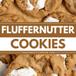 Pinterest image of a close-up of the fluffernutter cookies resting on brown parchment paper, and a close-up shot of a fluffernutter cookie with a bite taken out on top of the other cookies.