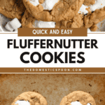 Pinterest image of a close-up shot of the fluffernutter cookies on a plate, and an overhead shot of two freshly baked fluffernutter cookies on a baking tray.