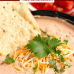 Pinterest image of a close-up shot of a tortilla chip dipped into a bowl of Mexicali dip next to a small dish of salsa.