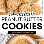 Pinterest image of a close-up shot of a stack of peanut butter cookies lying on a cooling rack, and a top-view of the peanut butter cookies on a plate.