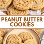 Pinterest image of a close-up shot of a stack of peanut butter cookies with the top one missing a bite, and a top-view of the peanut butter cookies on a plate.
