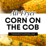 Pinterest image showing corn on the cob prepared in the air fryer and pats of butter melting over top.
