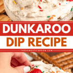 Pinterest image of a whole strawberry garnished on the top of a bowl of creamy Dunkaroo dip, and a hand dunking a whole strawberry into the Dunkaroo dip that has colorful sprinkles over the top.