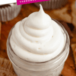 Pinterest image of a top view of the Marshmallow Fluff Frosting piped into a small glass jar.