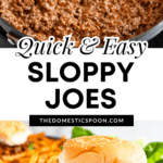 Pinterest image showing a close-up of a cooked ground beef seasoned with 2 ingredients in a pan, and a close-up of a 3-ingredient sloppy joe sandwich served on a sesame seed bun with seasoned fries on the plate.