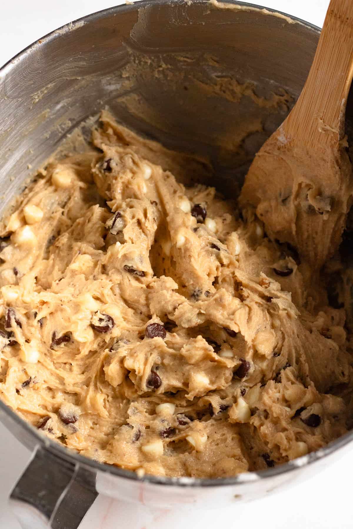 Milk chocolate and white chocolate chips added to the cookie dough.