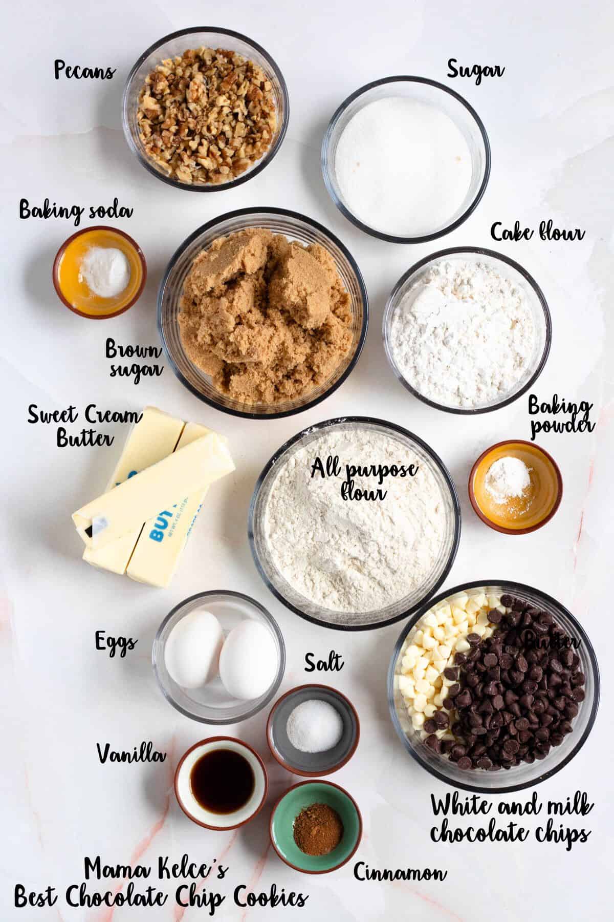 Ingredients shown are used to prepare Mama Kelce's chocolate chip cookies.