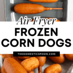 Pinterest image of 4 corndogs prepared in the air fryer served on a rectangular platter, and a corn dog with a bite missing resting on the bowl of dipping sauce with a bite taken to show the cooked hot dog inside the cornbread.