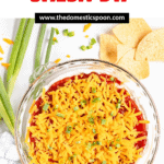Pinterest image of a top-view of the Cream Cheese Salsa Dip in a glass 9" pie pan ready to be baked, surrounded by chips.