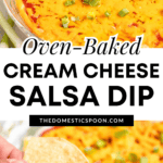 Pinterest image of a close-up view of the baked cream cheese salsa dip with melty cheese and topped with green onions, and a chip dipped in the cream cheese and salsa mixture, with cheese on top.